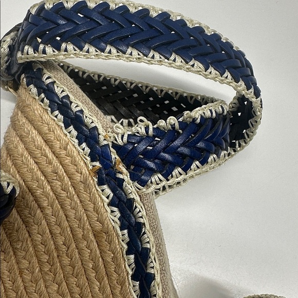 Tory Burch Lilah Wedges Espadrille Sandals High Heel Shoes Brown Navy Blue 8 - Picture 9 of 12